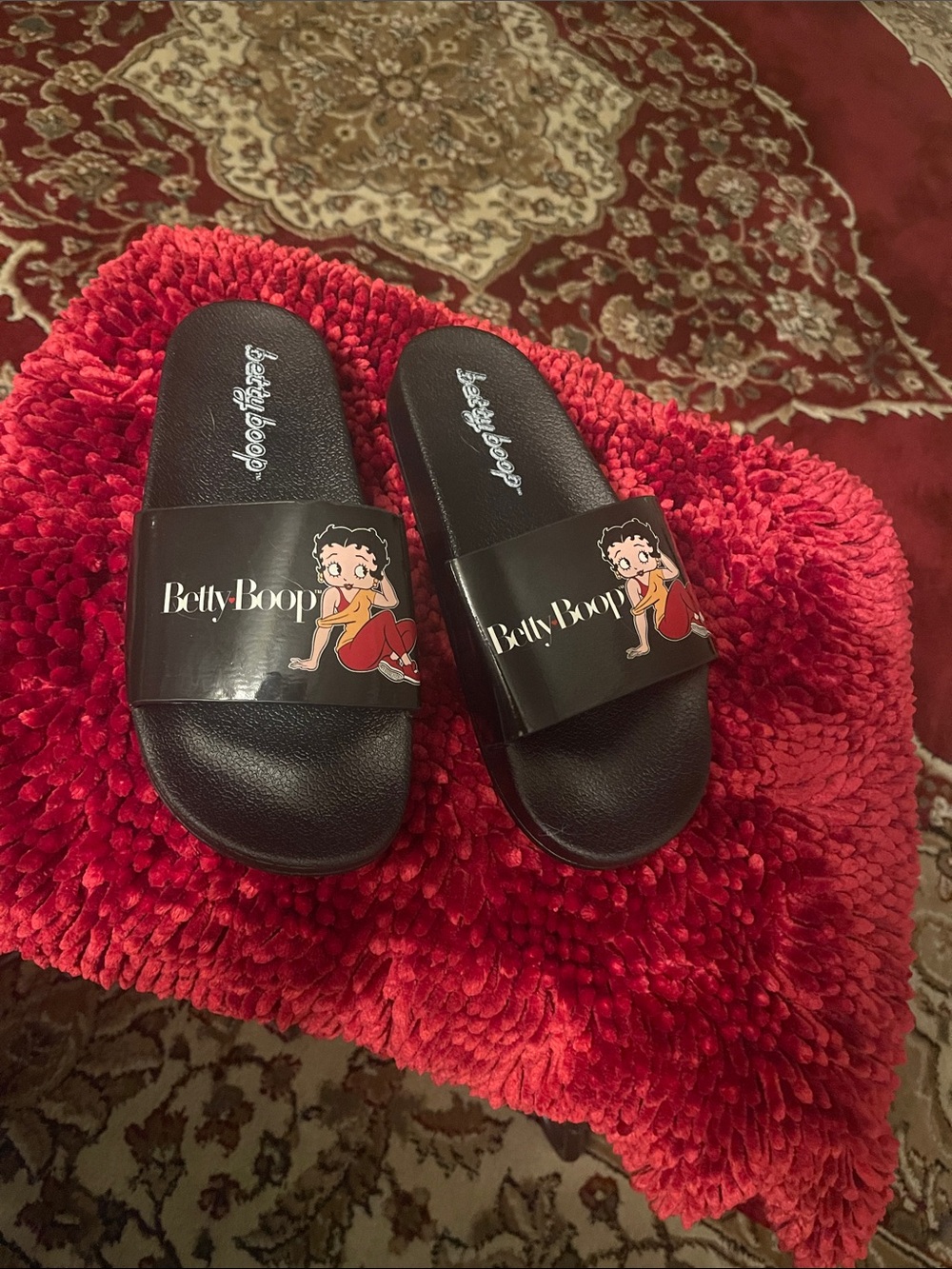 Betty Boop Black Slide Sandals with Red & Yellow Character Accent